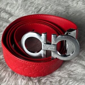 Reversible Red Leather Salvatore Ferragamo Belt with Silver Gancini Buckle